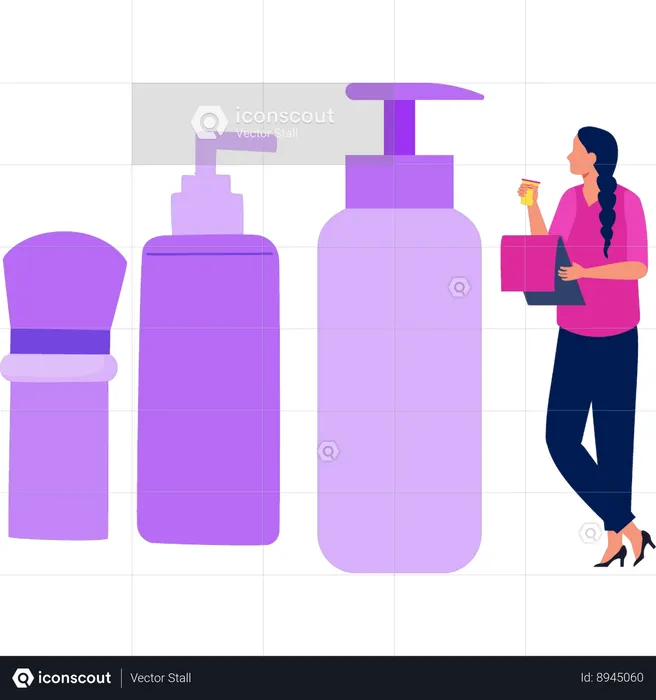 Girl showing different skin care products  Illustration