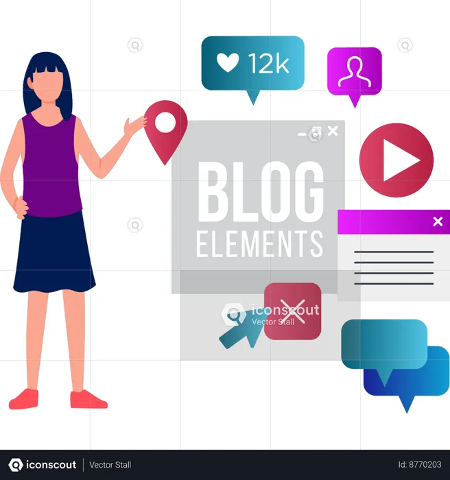 Girl showing elements of an online blog  Illustration