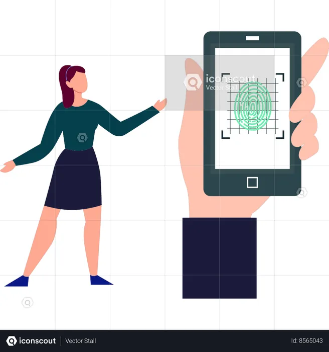 Girl showing fingerprint scanner on mobile  Illustration