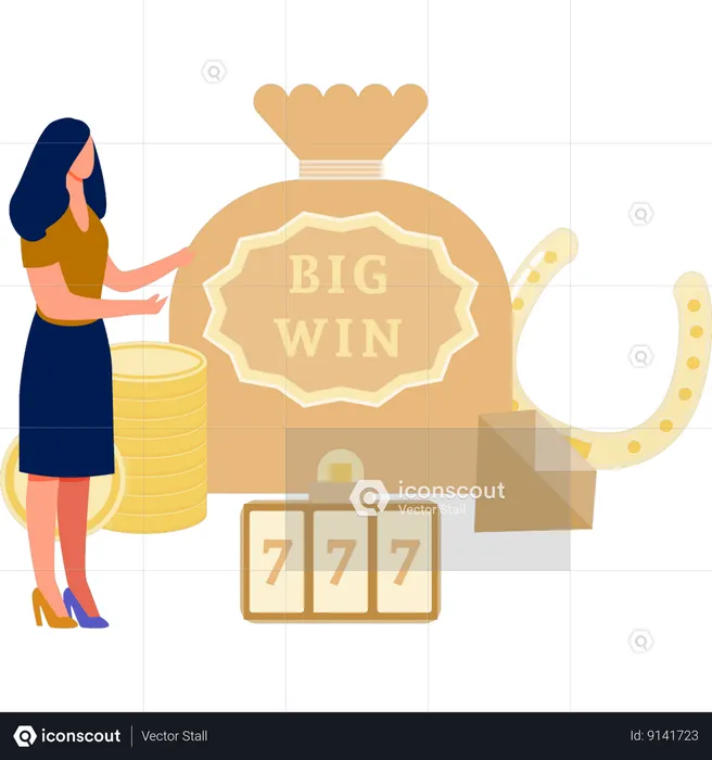 Girl showing gifts after winning in gambling game  Illustration