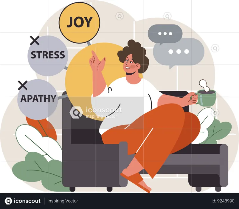 Girl showing joyful emotion while taking coffee  Illustration
