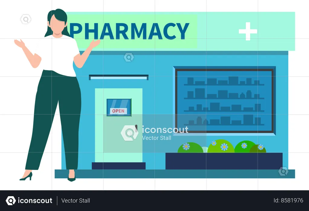 Girl Showing Pharmacy From Outside  Illustration