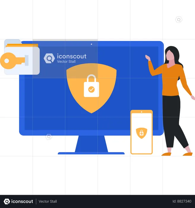 Girl showing safety lock on monitor  Illustration