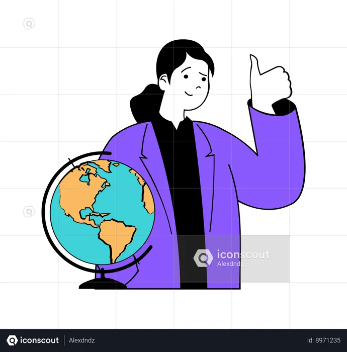 Girl showing thumb up and learning geography  Illustration