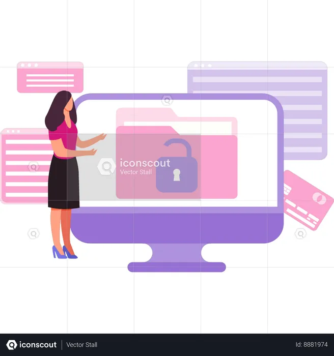 Girl Showing Unlock Folder On Monitor  Illustration