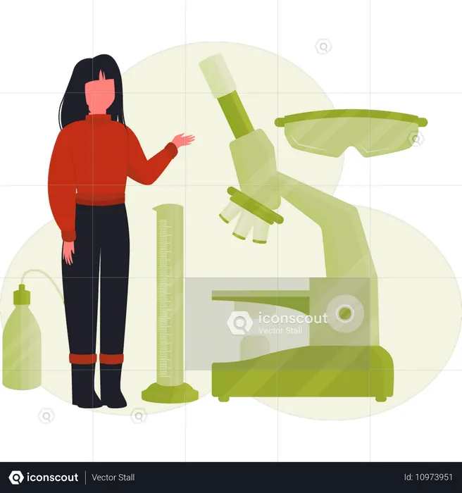 Girl showing vaccine research on microscope  Illustration