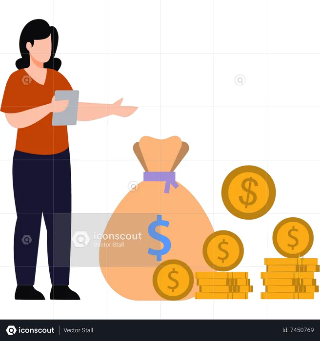 Girl shows bag of money  Illustration