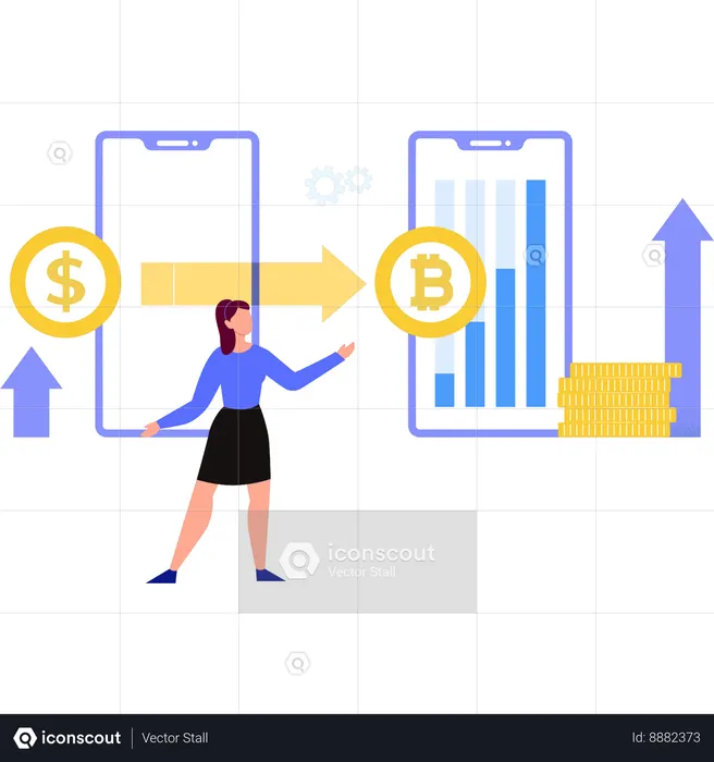 Girl shows the transfer of dollars to bitcoins  Illustration