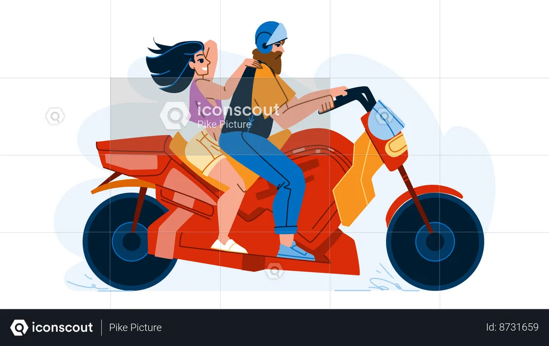 Girl sites behind motorcycle biker  Illustration