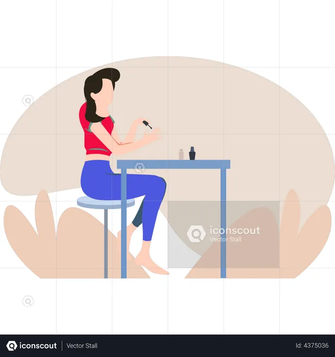 Girl sitting and applying nail polish  Illustration