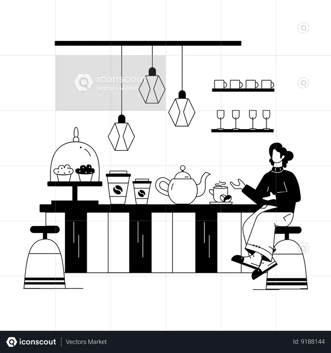 Girl sitting at Coffee Counter  Illustration