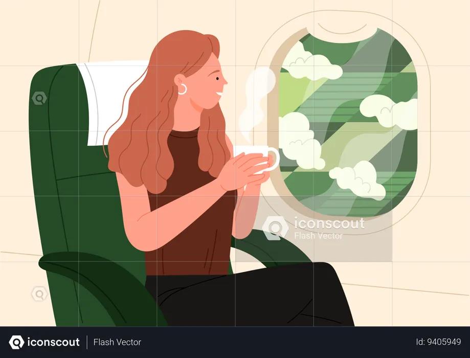 Girl sitting in plane at window seat  Illustration