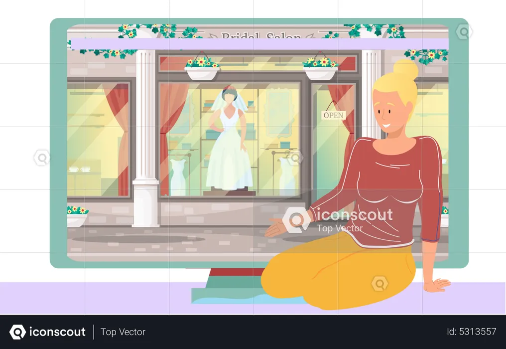 Girl sitting near bridal salon storefront  Illustration