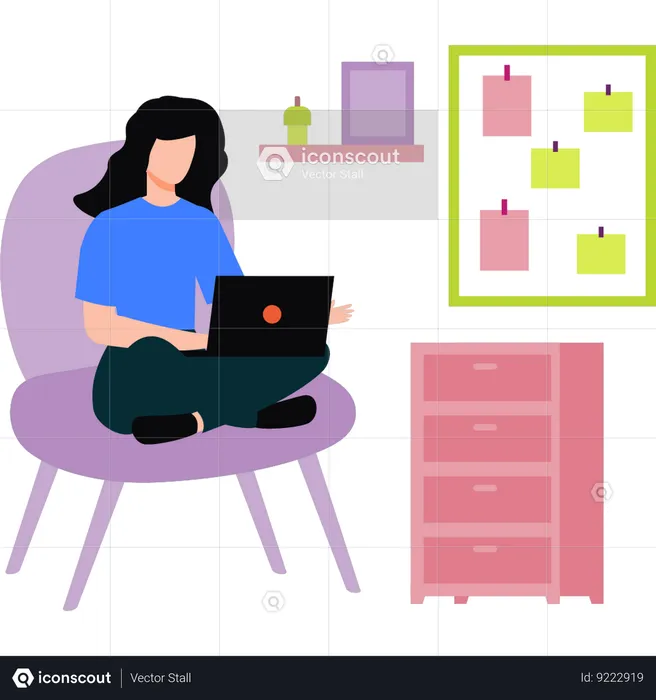 Girl sitting on a chair is working on a laptop  Illustration