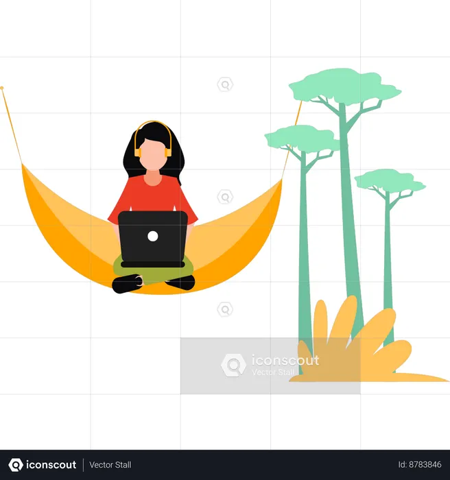 Girl Sitting On A Hammock Swing Using Laptop  Illustration