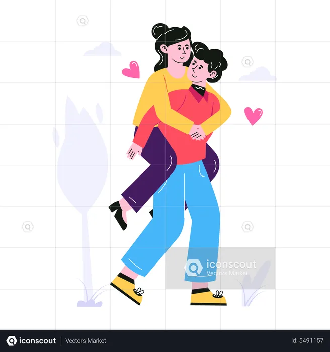 Girl sitting on back of boyfriend  Illustration