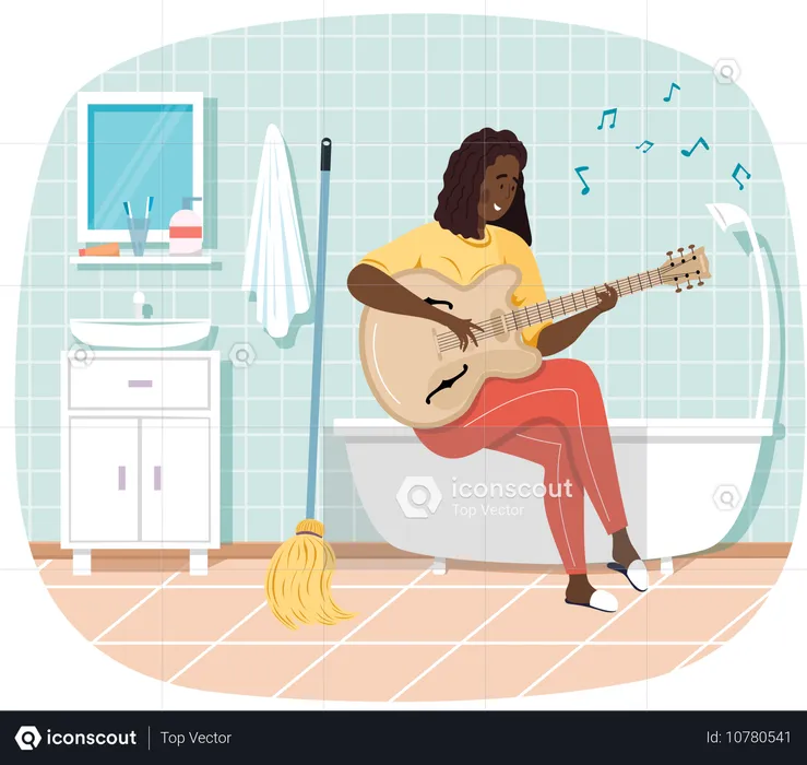 Girl sitting on bathtub in bathroom with guitar  Illustration