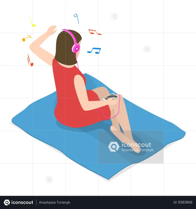 Girl sitting on beach and listing music  Illustration