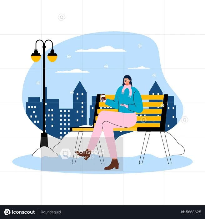 Girl sitting on bench and enjoy winter while having hot coffee  Illustration
