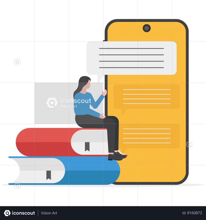 Girl sitting on booking  and using mobile for learning  Illustration