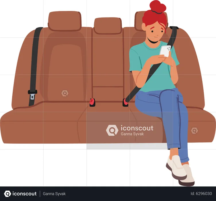 Girl Sitting On Car Seat with Smartphone  Illustration