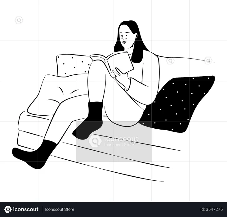 Girl sitting on couch and reading book  Illustration