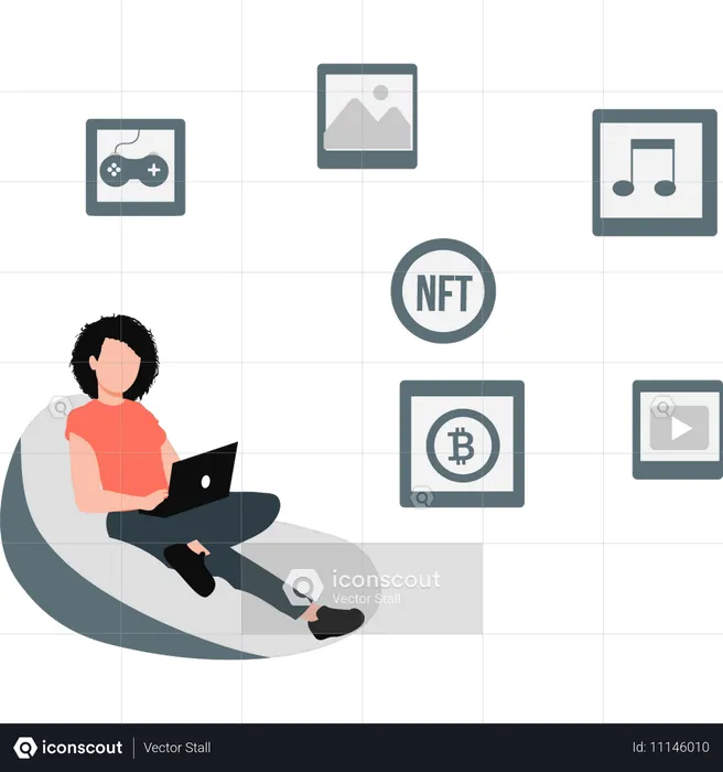 Girl sitting on couch working on laptop  Illustration