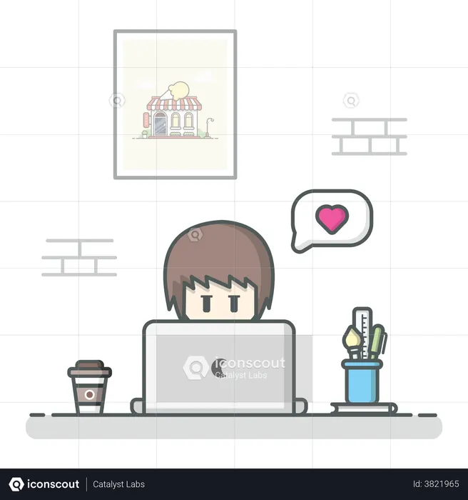 Girl sitting on desk and chatting online  Illustration