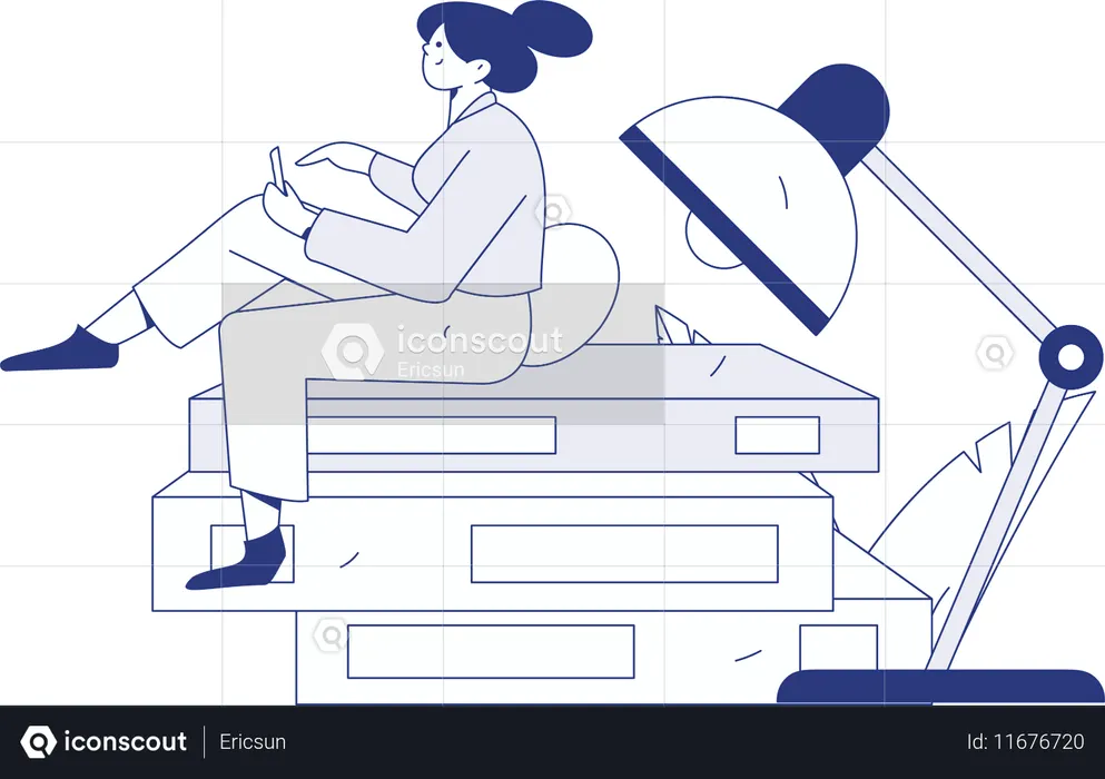 Girl sitting on files while talking on video call  Illustration