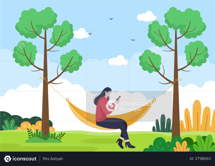 Girl sitting on hammock and watching smartphone  Illustration