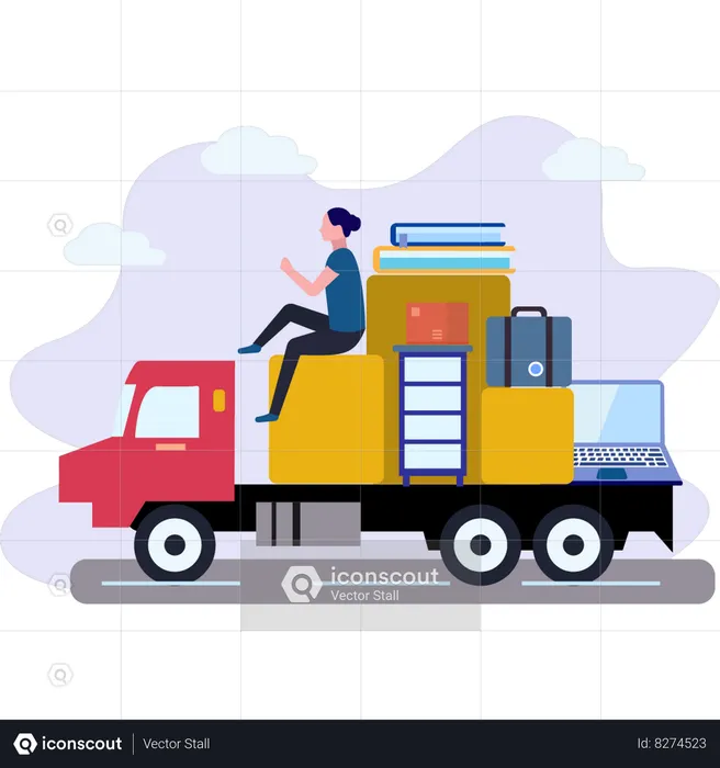 Girl Sitting On Loading Truck  Illustration