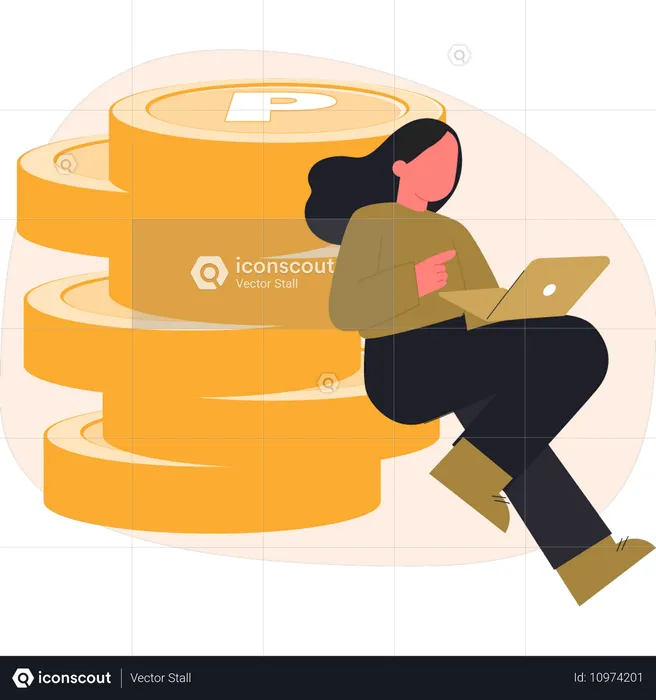 Girl sitting on penny coin using laptop  Illustration