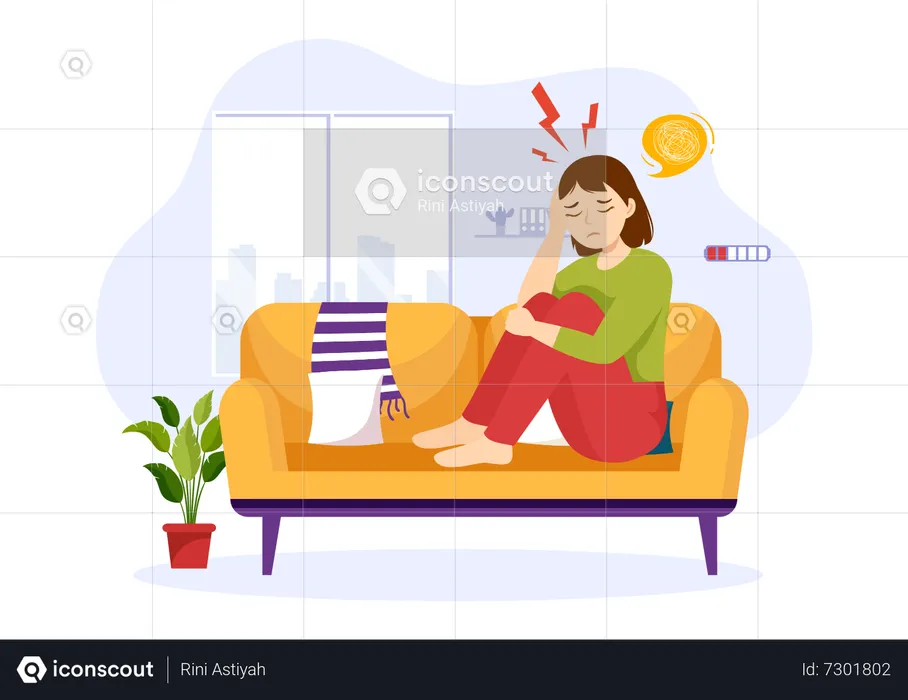 Girl sitting on sofa and suffering Migraine pain  Illustration