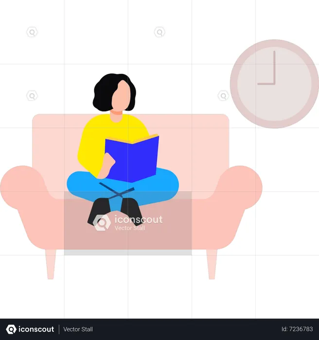 Girl sitting on sofa reading book  Illustration