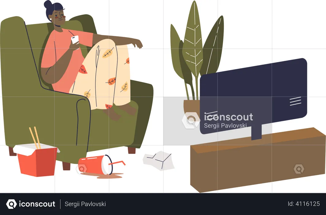 Girl sitting on sofa with smartphone watching tv and eating food from delivery during weekend  Illustration