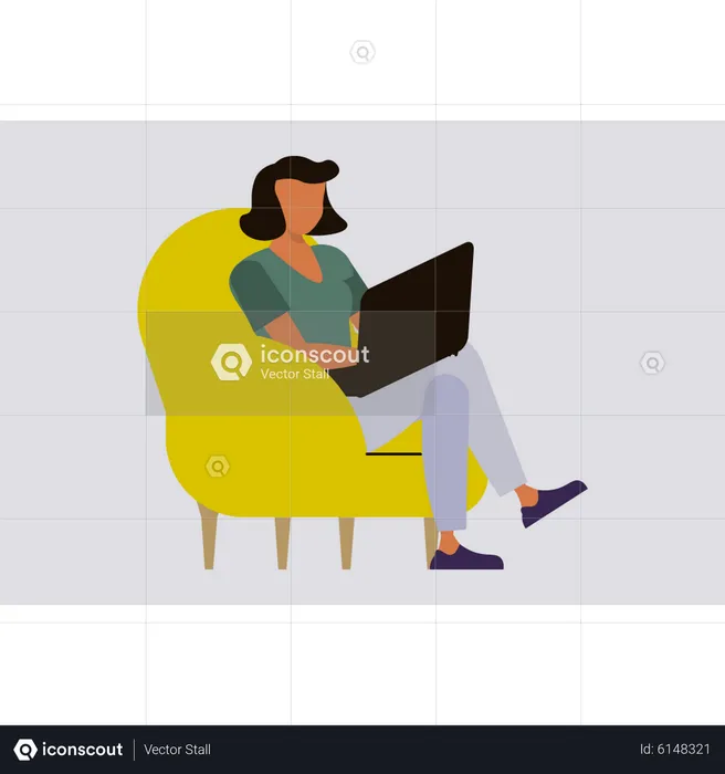 Girl sitting on sofa working on laptop  Illustration