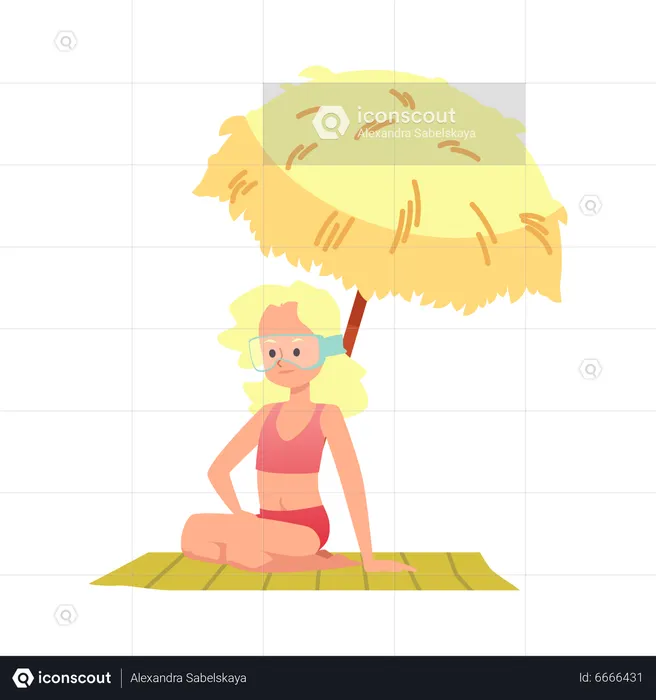 Girl sitting under beach umbrella  Illustration