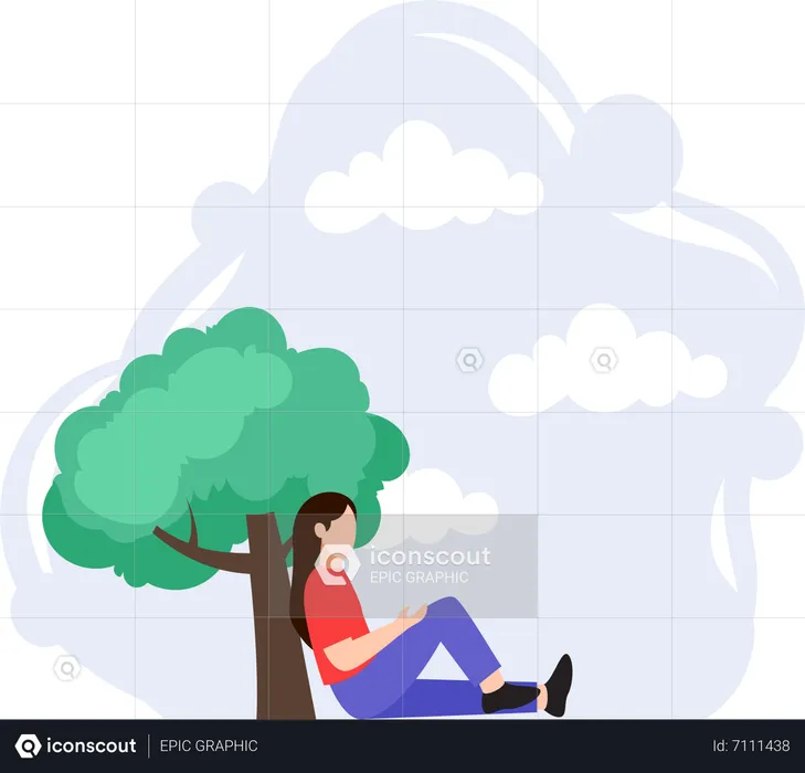 Girl Sitting Under Tree  Illustration