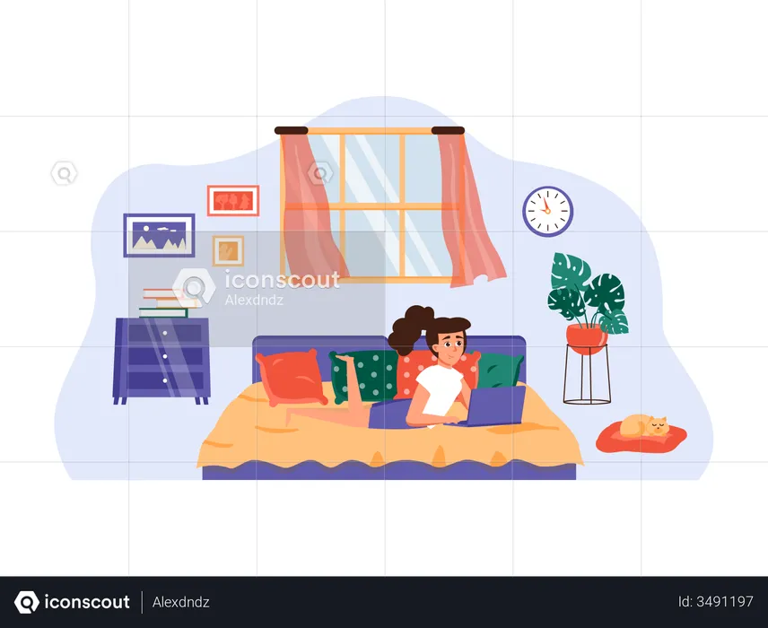 Girl sleeping on bed and doing freelancing job  Illustration