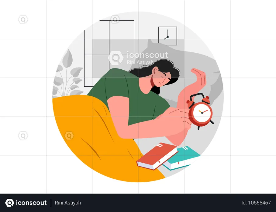 Girl sleeping on bed with books and alarm  Illustration