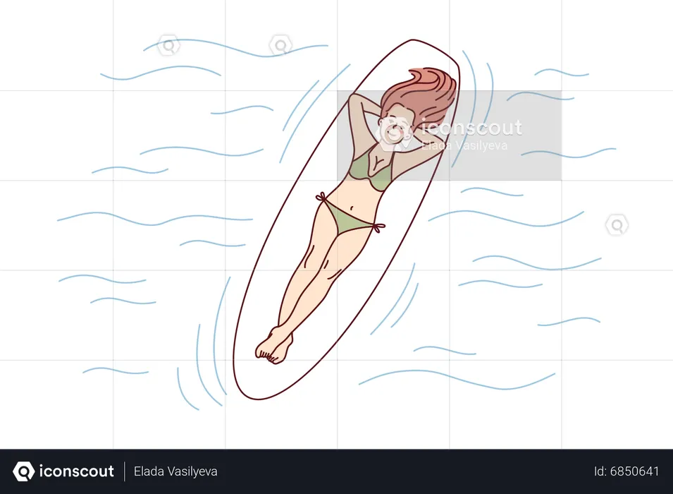 Girl sleeping on surfboard at beach  Illustration