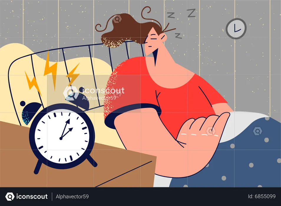 Girl sleeping while alarm ringing  Illustration