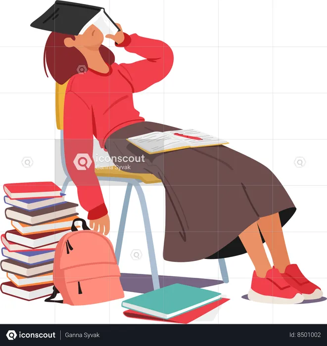 Girl sleeps over chair while preparing for test  Illustration