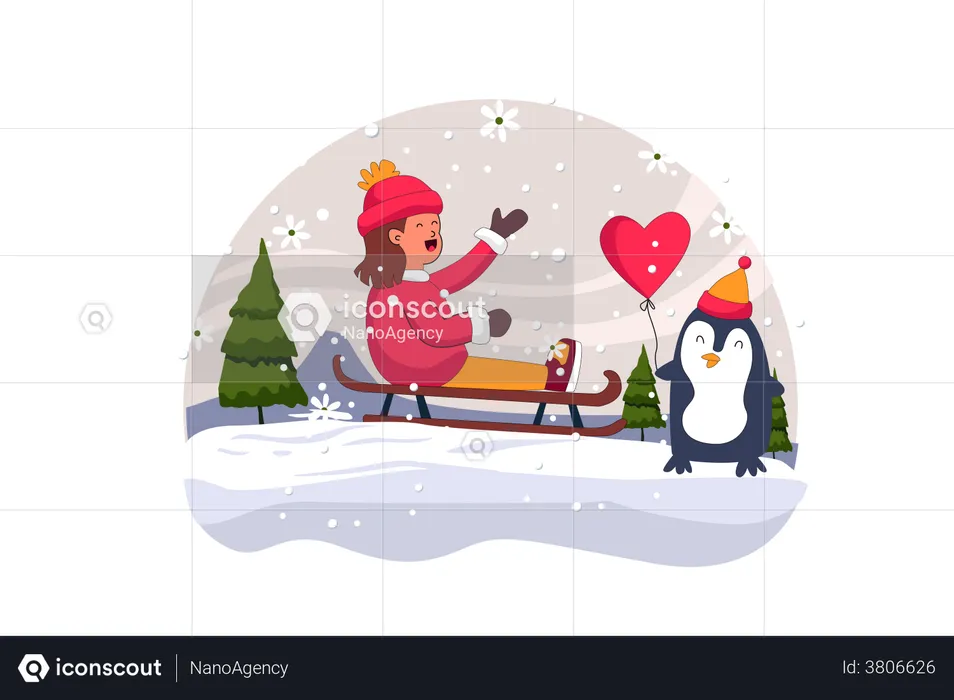 Girl sliding using sleigh  Illustration