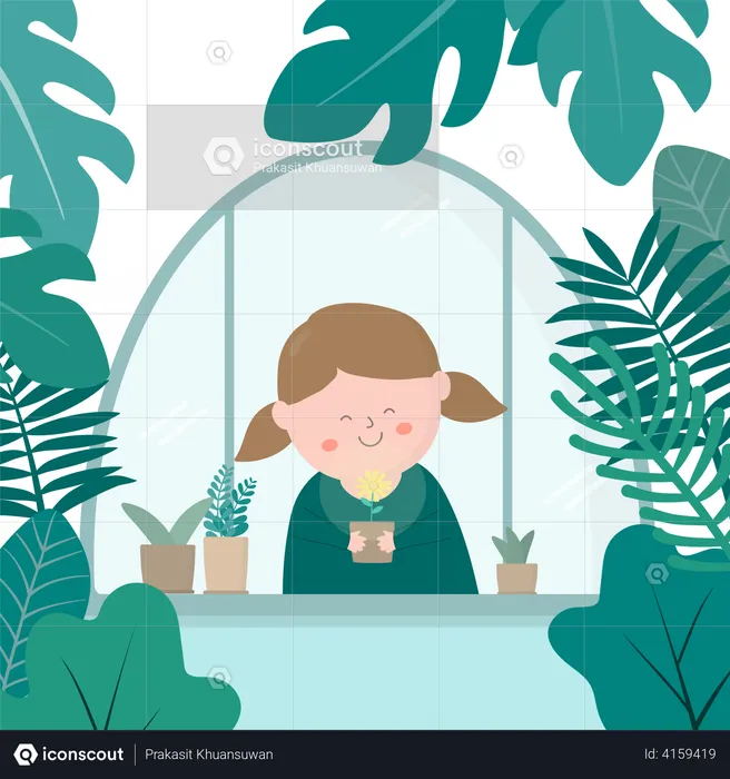 Girl smiling inside botanical garden  Illustration