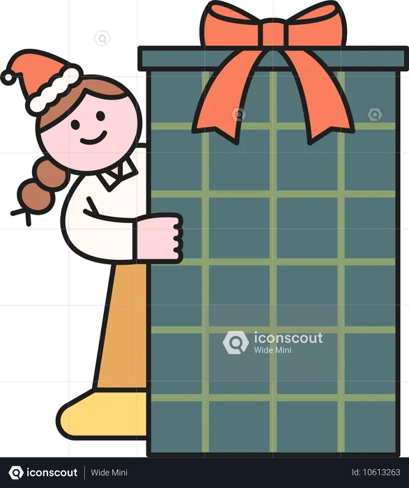 Girl sneaking out behind from large gift  Illustration