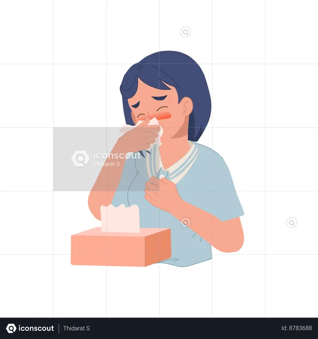 Girl Sneezing With Tissue Paper Box  Illustration
