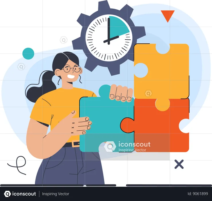Girl solving jigsaw puzzle with time limite  Illustration