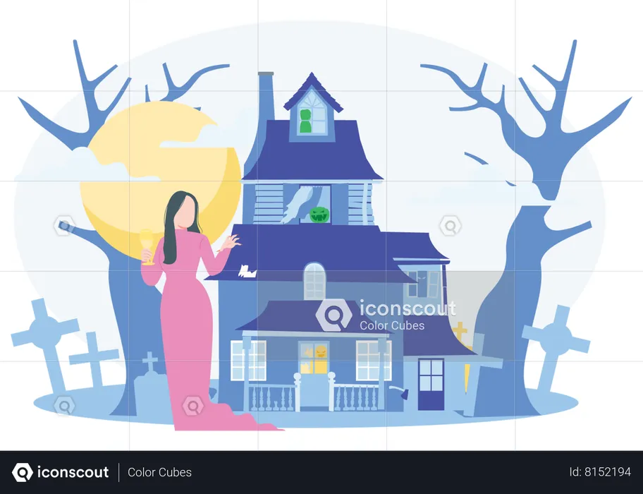 Girl standing at Halloween House  Illustration