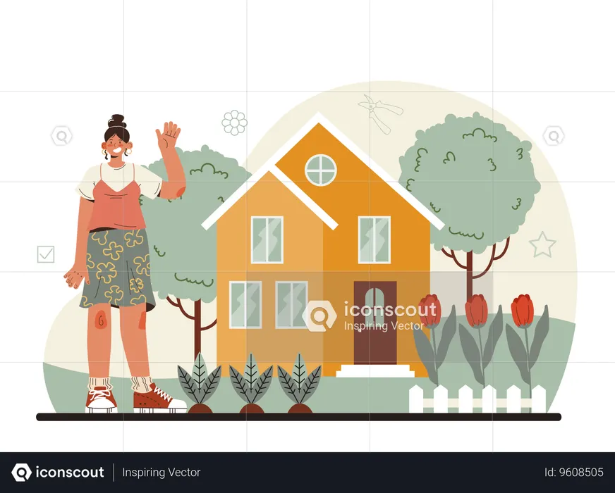 Girl standing at home garden while waving hand  Illustration